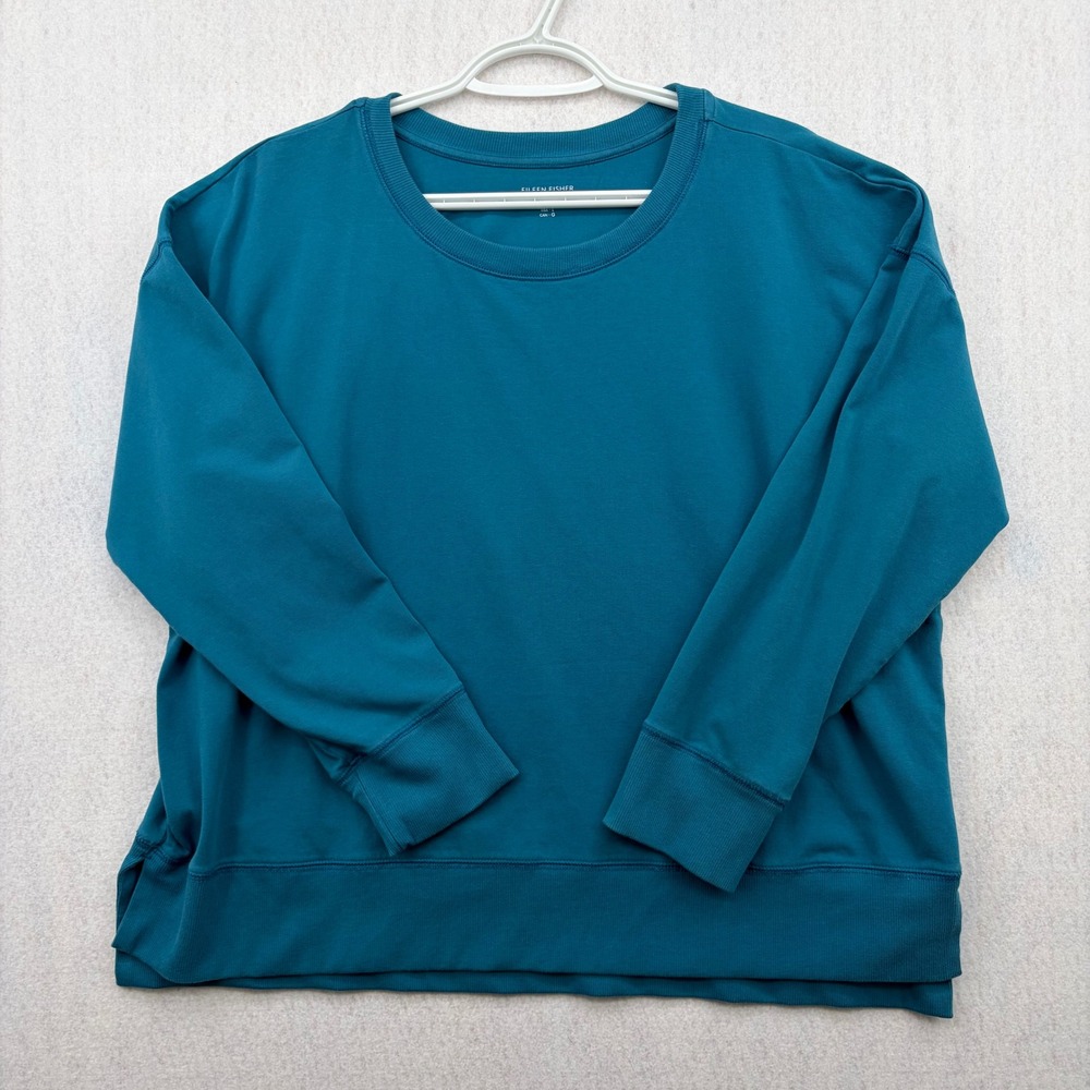 Eileen Fisher Organic Cotton Stretch Sweatshirt Teal Blue Crew Neck Top Large